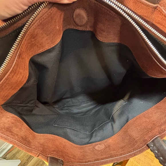 AllSaints Mori Suede Leather Tote Bag Brown Braided Handle Whipstitch - Picture 9 of 14